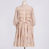 Dadizhimu Luxury Dress Women 2025 Spring New Hollow Lace Splicing Pearl Buckle Lantern Skirt
